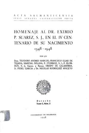 Cubierta para Homenaje al Dr. Eximio P. Suárez, S.J., en el IV centenario de su nacimiento. 1548-1948